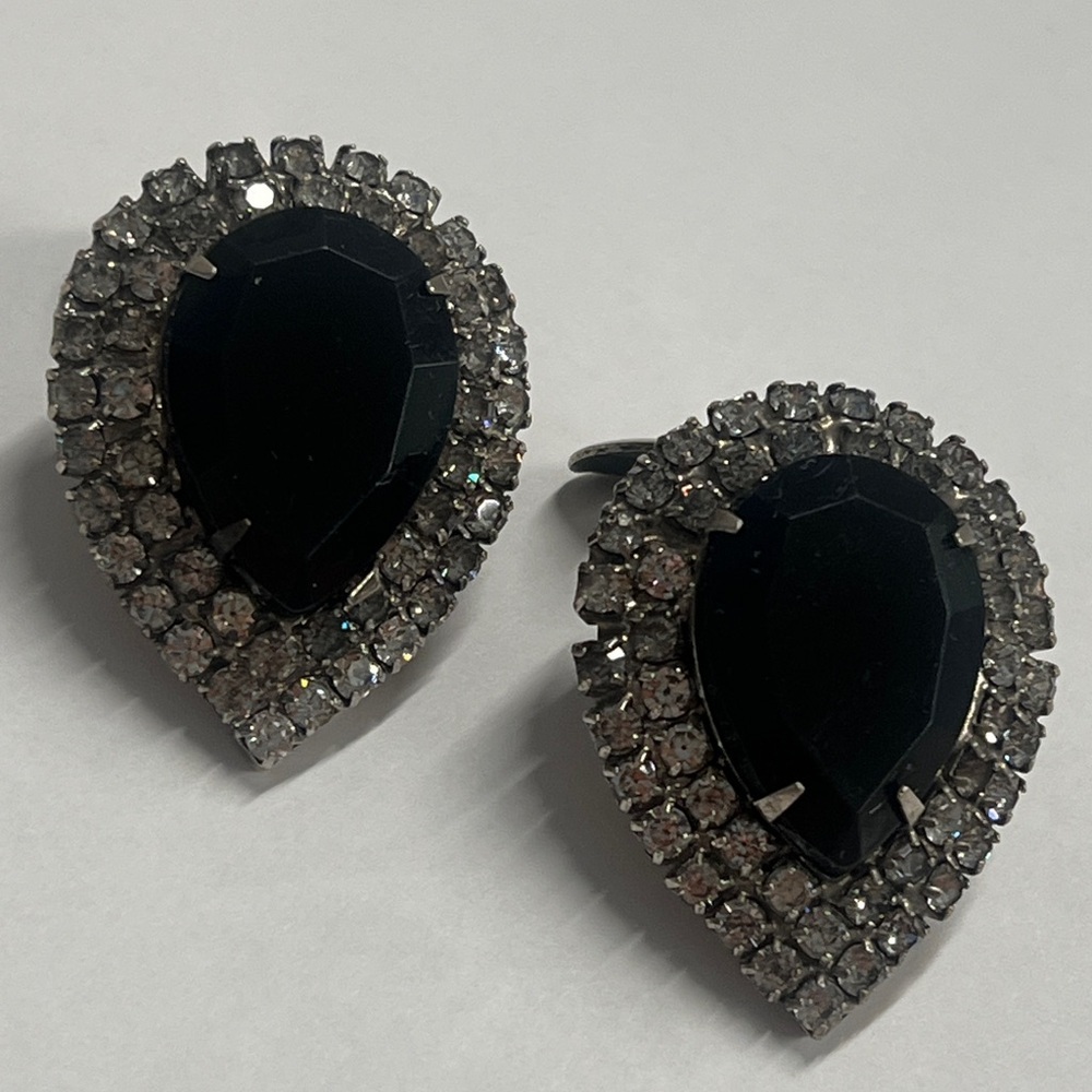 Pair of Vintage 1.5” Black Lucite and Rhinestone Crystal Teardrop Shoe Clips